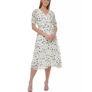 DKNY Women's White Polka Dot Ruched Sleeve Faux Wrap Midi Dress Size 2